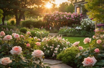 beautiful garden of pink roses