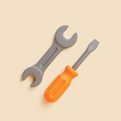 3D Wrench and Screwdriver on Beige Background