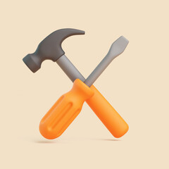 3D Hammer and Screwdriver Crossed on Beige Background