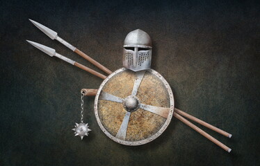 knight's helmet chain mace shield and two spears on grunge background