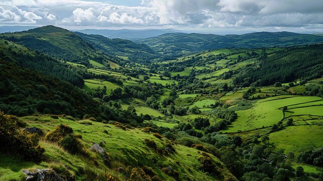 Rolling green hills and valleys stretch across County Tyrone, Ireland, bathed in soft mist and golden sunlight.

