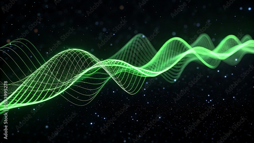 Poster futuristic glowing green waveform floating in starry black space representing audio signals and freq