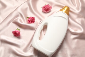 Bottle of fabric softener and flowers on beige cloth, flat lay