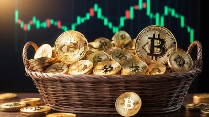 full basket of bitcoins against the background of the chart of growth and decline of trades