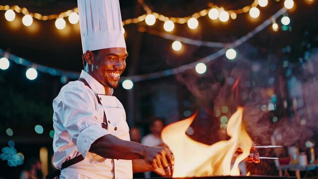 Professional chef grilling meat skewers over flames at an outdoor night party, creating a visually appealing culinary experience under string lights