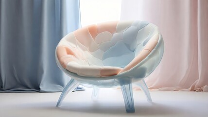 transparent chair in a room with blue and pink curtains