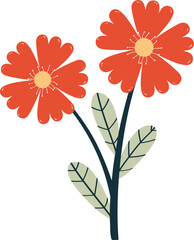 hand drawing cartoon red flower and green leaves. cute plant doodle