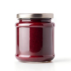 Glass jar of red berry jam isolated on white background
