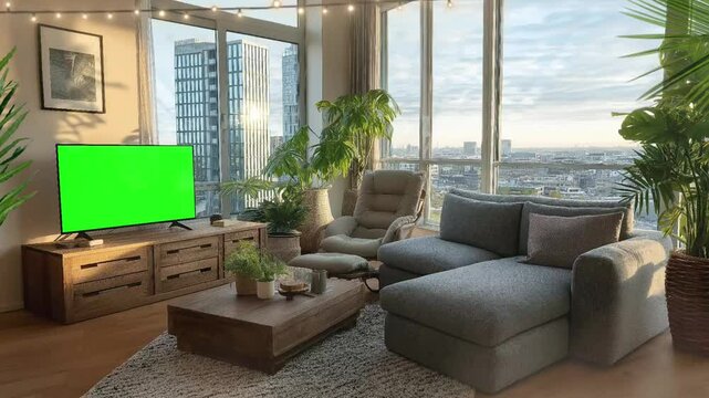 Modern flat television with green screen with the environment, Chroma key on tv set in modern living room animation looping video background