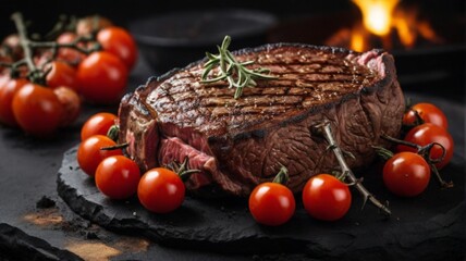 ribeye steak on charcoal high heat cherry tomatoe 