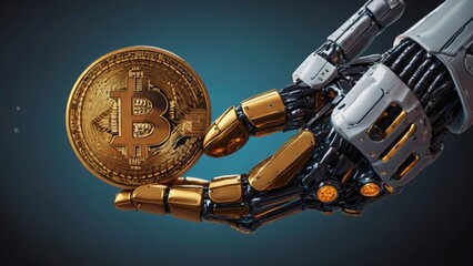 robot holds bitcoin on finger