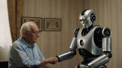 robot shakes hands with old man concept help modern technologies