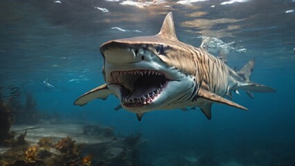 angry shark under sea water
