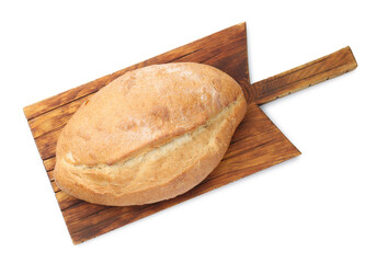 Loaf of fresh bread and wooden board isolated on white, top view