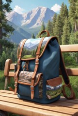 travel backpack on a bench high in the mountains forest trees fir trees