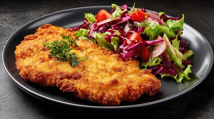 Breaded fried chicken served with crisp greens and veggies creates a wholesome, appetizing meal.
