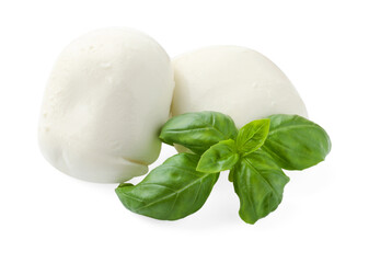 Tasty mozzarella cheese and basil isolated on white