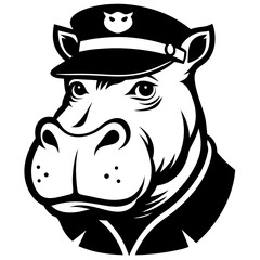 Captain hat and hippopotamus drawing in black and white pencil sketch style