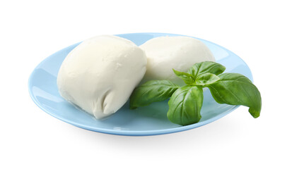 Tasty mozzarella cheese and basil isolated on white
