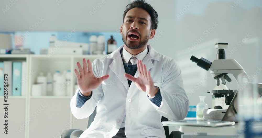 Poster science, teaching and man in lab talking for educational lesson, information and explaining. biology