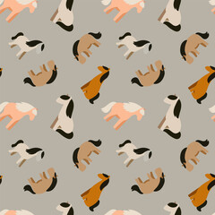 Seamless pattern of stylized cartoon horses in various poses and earthy tones on a muted gray background. Flat vector illustration, playful and minimalistic style, ideal for children's textiles