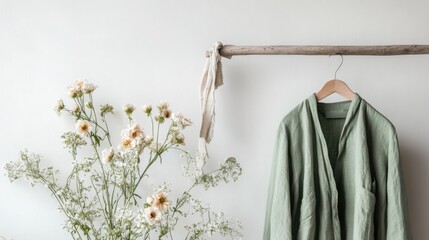 Green linen shirt hanging on wooden hanger with flowers and rustic decor