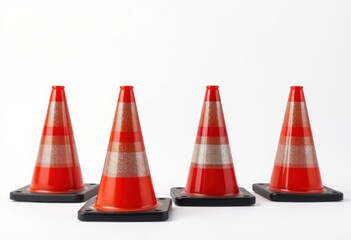 Four red traffic cones with reflective stripes on white background
