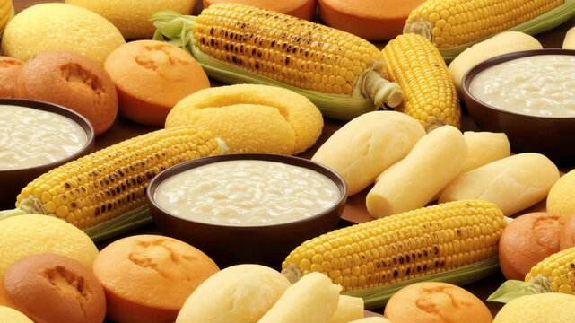 Assorted traditional Festa Junina, s&atilde;o jo&atilde;o, foods including corn, cakes, cheese bread and canjica in colorful top view composition 4k uhd video