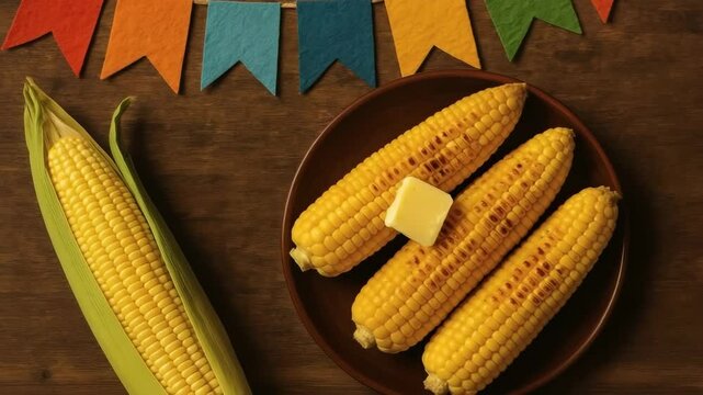 Flat lay of grilled corn with butter and husk on rustic wooden table and Festa Junina flags, s&atilde;o jo&atilde;o 4k uhd video