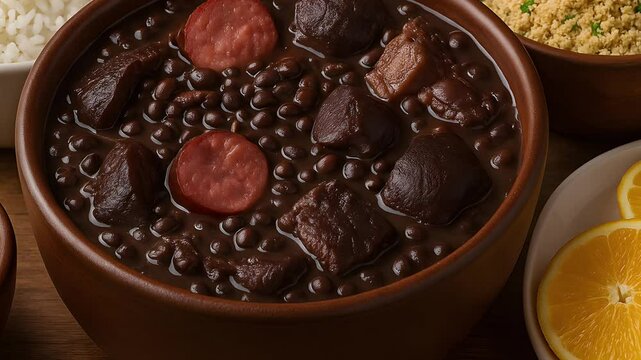 Close up view of feijoada in bowl with orange slices and couscous in a wooden bowl beside it 4k uhd video