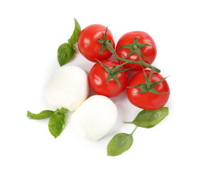 Tasty mozzarella cheese balls, tomatoes and basil on white background, top view