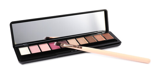 Eyeshadow palette with mirror and brush isolated on white