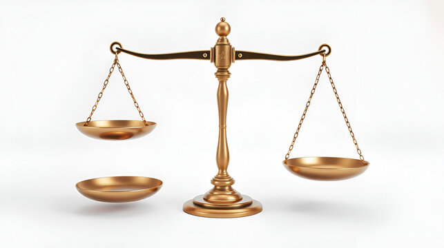 3D render dark brass balance scale isolated on white background. Tilted scales. Scales of injustice, Symbol of law and injustice concept. 3d rendering illustration.