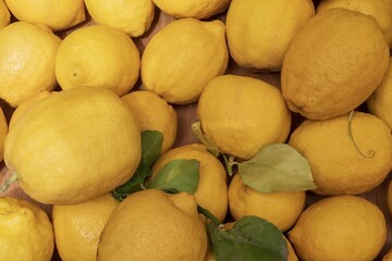 Close up of ripe natural lemons at the Athens farmers market. Natural fruit background for design.