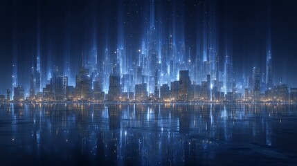 Futuristic Cityscape  Night Skyline  Digital Art  Illuminated Buildings  Waterfront Reflec