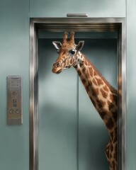 Giraffe Peering into Elevator with Modern Design and Unique Perspective