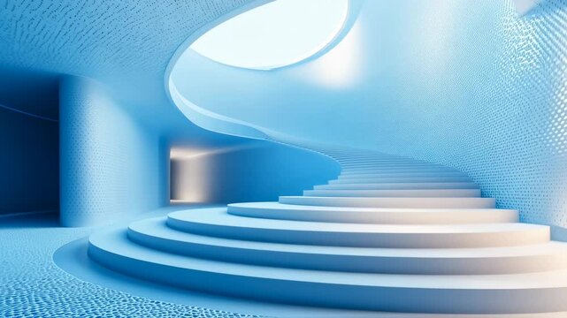 Futuristic architecture in blue and white with a winding staircase and lightwell