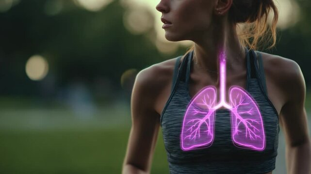 Breathtaking Visualization: Athletic woman jogging outdoors, highlighting the human respiratory system in a dynamic visualization of healthy lungs.