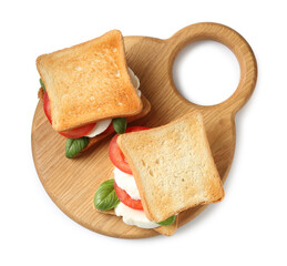 Tasty sandwiches with mozzarella cheese, tomatoes and basil on white background, top view
