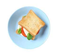 Tasty sandwich with mozzarella cheese, tomato and basil on white background, top view