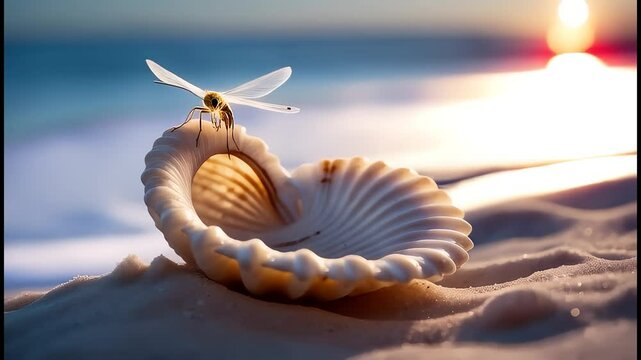 Sunset seashore with insect and seashell