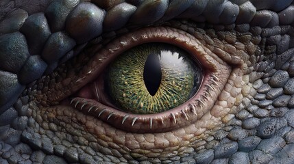 A close-up of a dragon&rsquo;s eye reveals lifelike reptilian scales reflecting a fiery glow.
