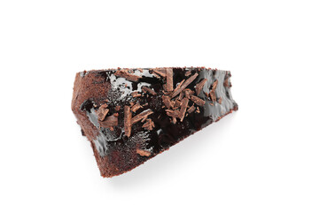 Piece of delicious chocolate bundt cake isolated on white, above view