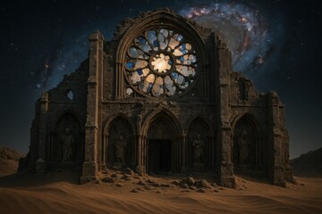 Forsaken cathedral ruin with shattered rose window beneath spiral galaxy sky in desert night

