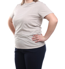 Weight loss. Plus size woman on white background, closeup