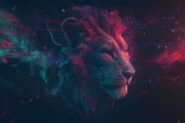 Neural surrealism, futuristic glitch aesthetics, real chrome lion in deep dark space, cute, hyperrealistic, prism, HD, 4k	