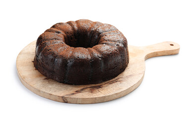 Delicious chocolate bundt cake isolated on white