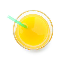 Tasty mango juice in glass isolated on white, top view