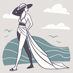 Elegant woman walking by the ocean with flowing fabric and hat  