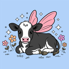 Cute Fairy Cow with Pink Wings in a Flower Meadow Cartoon Illustration